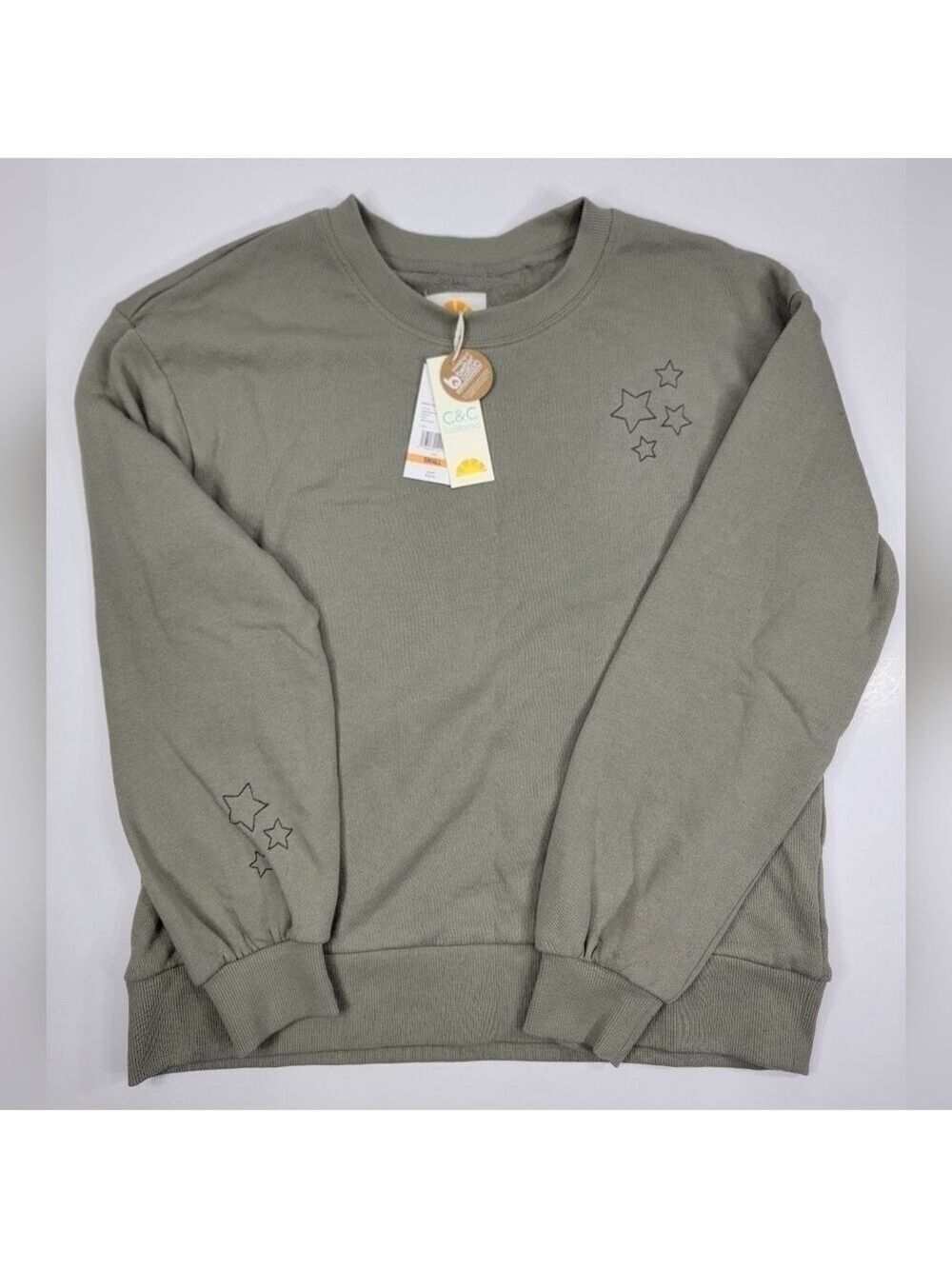NWT C & C California Women's Small Sweatshirt Sage Green Star Print Terry NEW